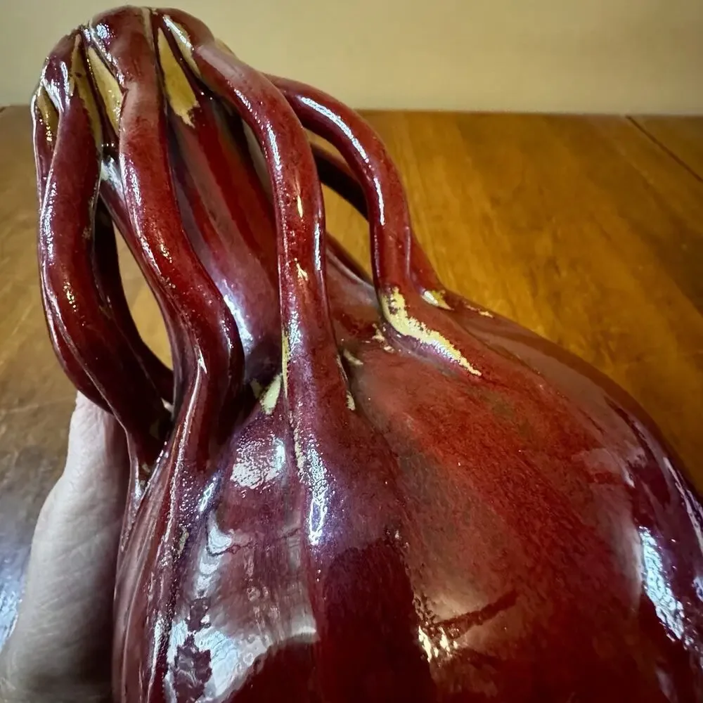 Vintage Red Drip Glaze Art Pottery Vase Global Views Sculptural Openwork Decor